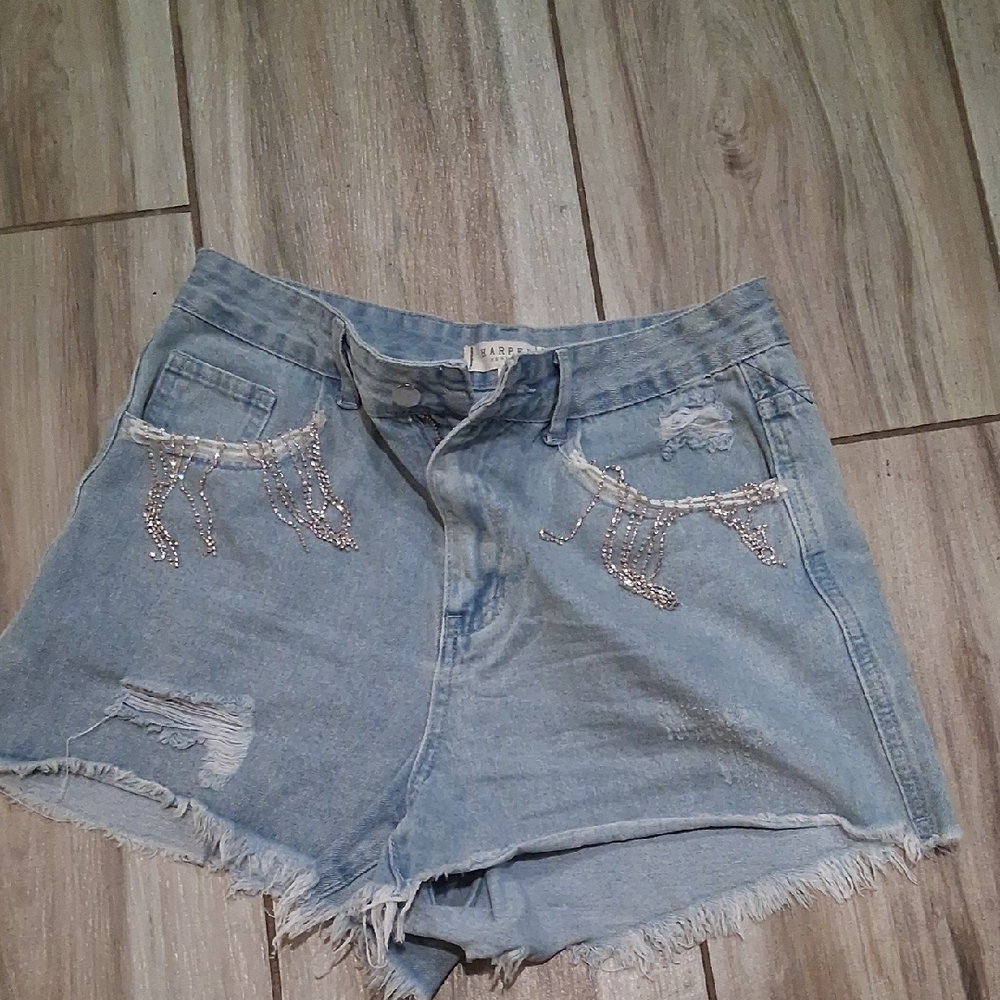 Light Wash Rhinestone Fringe High-Rise Denim Shorts